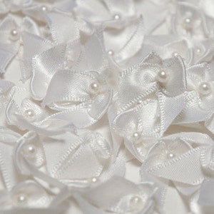 White Satin Ribbon Bows with Bead 144pcs