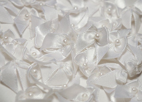 White Satin Ribbon Bows with Bead 144pcs
