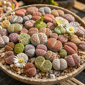 May include: A collection of various Lithops plants, also known as living stones, arranged in a round, textured stone bowl filled with small pebbles. The succulents display diverse colors including green, orange, purple, and gray, with three white flowers.