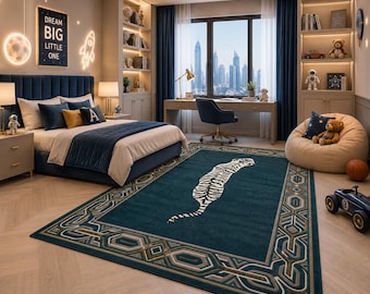 Luxury Tiger Area Rug, Hand Tufted Wool Rug, Blue Animal Print Carpet, Modern Living Room Rug, Custom Handmade Area Rug in 8x10,9x12,10x14ft