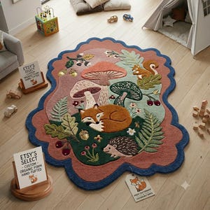 May include: An irregularly shaped area rug featuring a forest scene with a sleeping fox, a hedgehog, and a squirrel. The design includes large mushrooms, oak leaves, ferns, and acorns in shades of terracotta, sage green, and dark blue border.