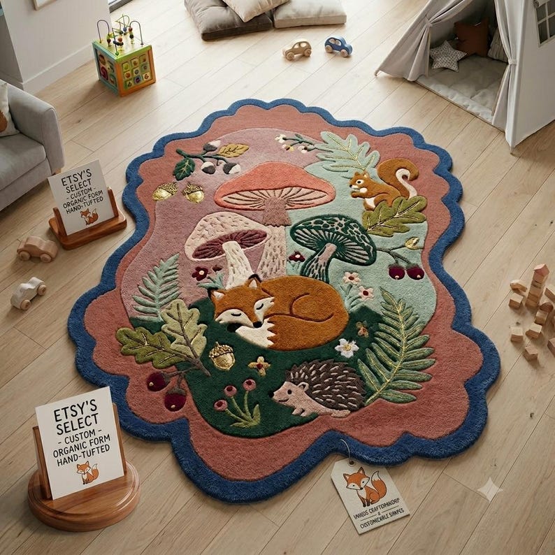 May include: An irregularly shaped area rug featuring a forest scene with a sleeping fox, a hedgehog, and a squirrel. The design includes large mushrooms, oak leaves, ferns, and acorns in shades of terracotta, sage green, and dark blue border.