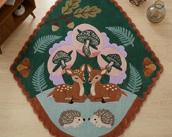 Woodland Deer Rug, Forest Animal Area Rug, Scalloped Wool Rug, Nature Inspired Nursery Decor, Handmade Carpet in 5x5,5x8,8x10 ft