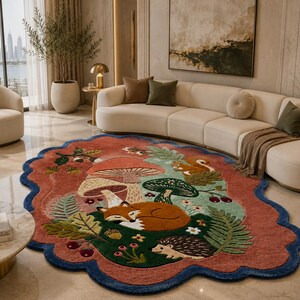 May include: An oval-shaped area rug with a scalloped blue border, featuring a central illustration of a sleeping fox, a hedgehog, and mushrooms on a terracotta background, surrounded by green foliage, acorns, and a small squirrel.