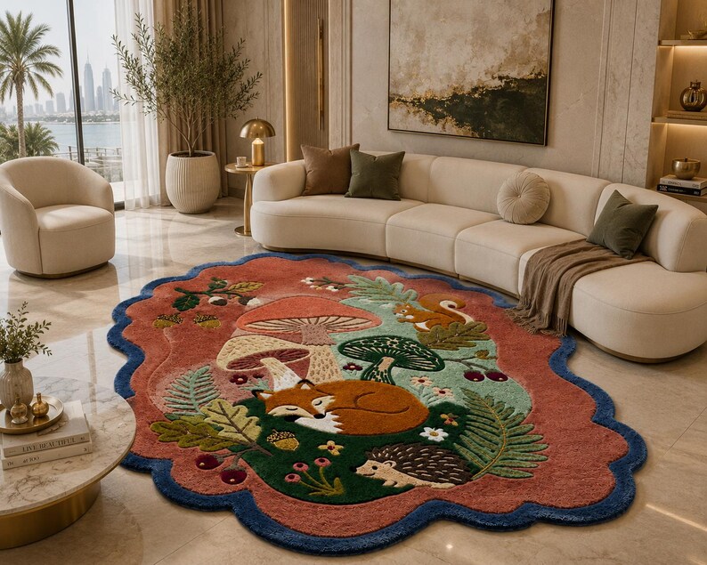 May include: An oval-shaped area rug with a scalloped blue border, featuring a central illustration of a sleeping fox, a hedgehog, and mushrooms on a terracotta background, surrounded by green foliage, acorns, and a small squirrel.