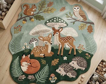Woodland Animals Nursery Rug, Forest Theme Kids Rug, Deer Fox Owl Playroom Carpet, Hand Tufted Wool Area Rug in 5x5,5x8,8x10 ft