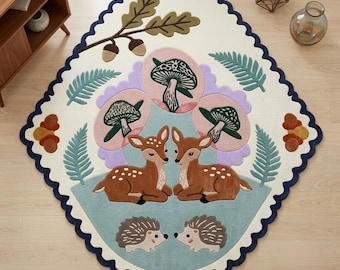 Woodland Nursery Rug, Deer Mushroom Rug, Forest Animal Kids Room Carpet, Scalloped Wool Area Rug, Nature Nursery Decor in 5x5,5x8,8x10 ft