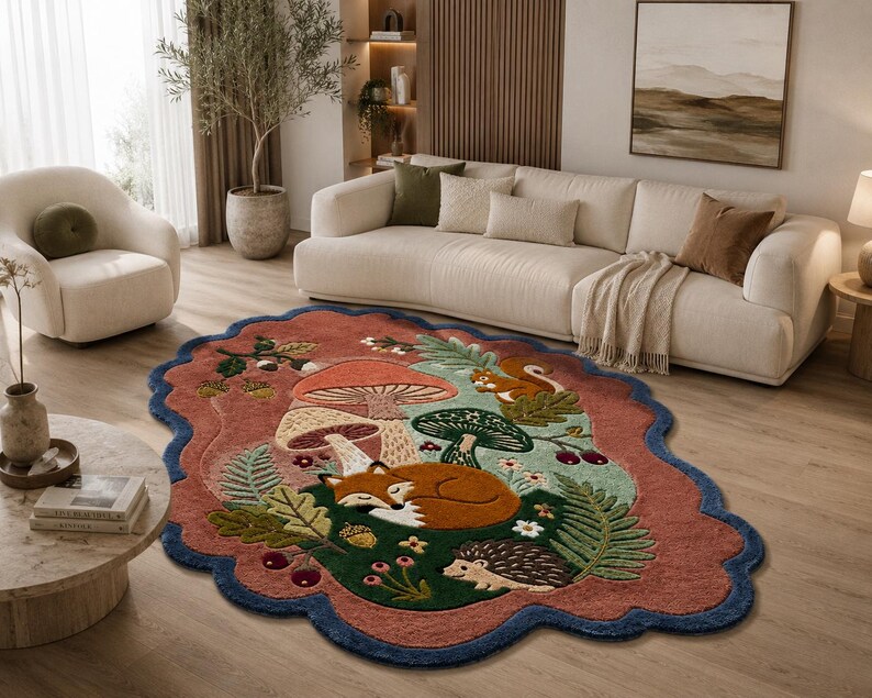 May include: An oval-shaped area rug with a scalloped edge featuring a forest scene. The design includes a sleeping fox, a hedgehog, a squirrel, mushrooms, acorns, and ferns in shades of terracotta, dark green, light green, and brown.