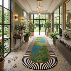 Modern Abstract Runner Rug, Hand Tufted Wool Hallway Carpet, Green Blue Organic Shape Rug, Luxury Entryway Runner, Custom Size Area Rug