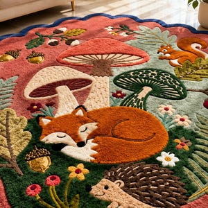 May include: An oval-shaped area rug with a scalloped dark blue border, featuring a forest scene with a sleeping orange fox, a brown hedgehog, mushrooms, acorns, ferns, and oak leaves on a textured background of muted red and sage green.