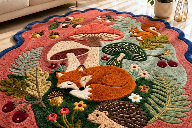 May include: An oval-shaped area rug with a scalloped dark blue border, featuring a forest scene with a sleeping orange fox, a brown hedgehog, mushrooms, acorns, ferns, and oak leaves on a textured background of muted red and sage green.