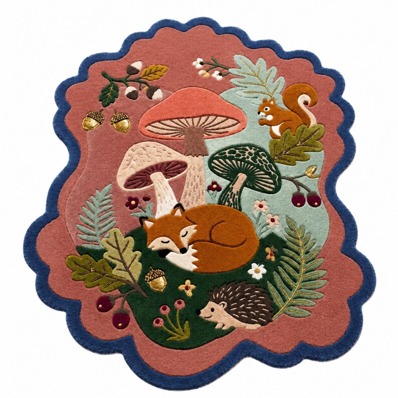 May include: A scalloped-edge rug featuring a forest scene with a sleeping fox, a hedgehog, mushrooms, acorns, and a squirrel. The design includes shades of dusty rose, dark green, and blue, with embroidered details of ferns, oak leaves, and berries.