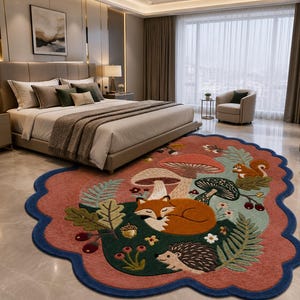 May include: An irregularly shaped area rug featuring a forest scene with a sleeping orange fox, a hedgehog, and a squirrel. The design includes large mushrooms, green ferns, acorns, and berries on a pink background with a dark blue scalloped border.
