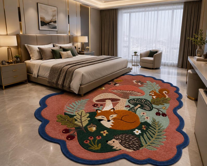 May include: An irregularly shaped area rug featuring a forest scene with a sleeping orange fox, a hedgehog, and a squirrel. The design includes large mushrooms, green ferns, acorns, and berries on a pink background with a dark blue scalloped border.