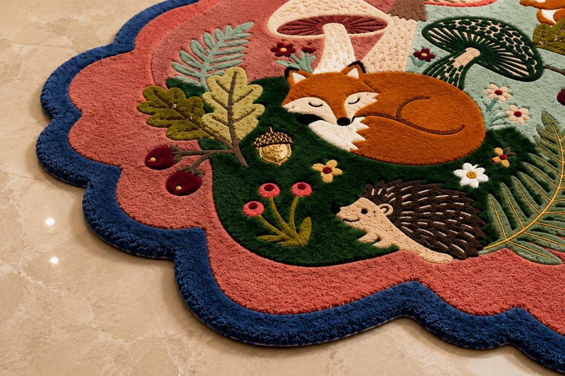 May include: A scalloped-edge area rug featuring a forest scene with a sleeping orange fox, a small hedgehog, mushrooms, ferns, and an acorn. The rug has a deep blue border, a dusty rose background, and dark green accents with floral details.