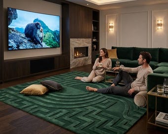 Luxury Dark Green Geometric Area Rug, Modern Abstract Hand Tufted Rug, 3D Carved Contemporary Carpet, Minimalist Living Room Rug Bedroom rug