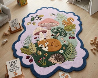 Woodland Nursery Rug, Fox Mushroom Rug, Forest Animal Kids Room Carpet, Hand Tufted Wool Scalloped Playroom Rug in 5x5,5x8,8x10 ft