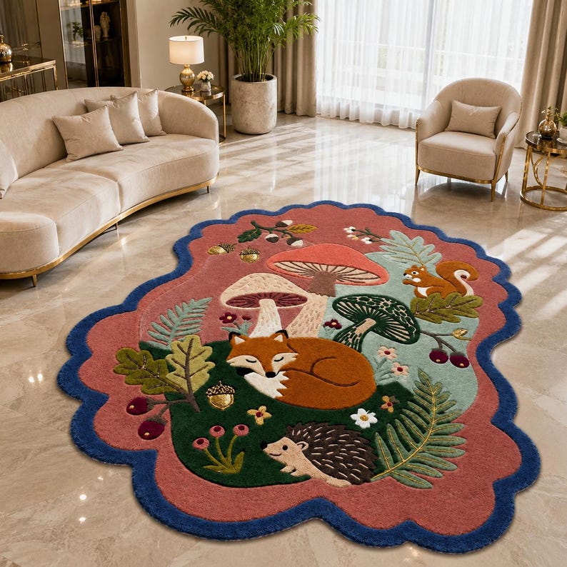 May include: An irregularly shaped area rug featuring a forest scene with a sleeping fox, a hedgehog, and a squirrel. The design includes mushrooms, acorns, ferns, and berries in shades of orange, green, and red, finished with a dark blue scalloped border.