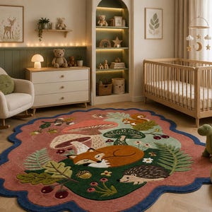 Woodland Animal Rug, Mushroom Forest Nursery Rug, Fox & Hedgehog Kids Room Rug, Scalloped Wool Area Rug, Nature Decor in 5x5,5x8,8x10 ft image 8