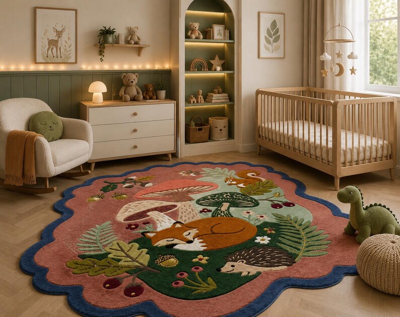 Woodland Animal Rug, Mushroom Forest Nursery Rug, Fox & Hedgehog Kids Room Rug, Scalloped Wool Area Rug, Nature Decor in 5x5,5x8,8x10 ft image 8
