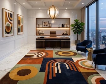 Modern Abstract Geometric Area Rug, Luxury Contemporary Living Room Rug, Mid Century Modern Carpet, Colorful Designer Bedroom Rug, Large O