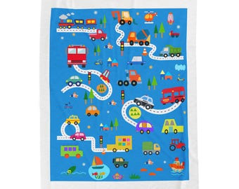 Colorful Kids Road Map Velveteen Blanket | Toy Cars Trucks Play Mat Design