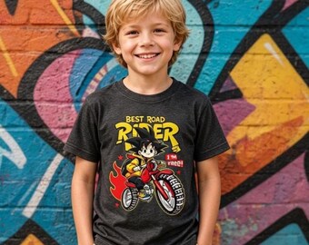 Kinder Motorradfahrer T-Shirt | Cartoon Junge auf Fahrrad, Flammengrafik
