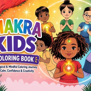 May include: A colorful illustration of a children's coloring book titled "Chakra Kids." The cover features cartoon children with glowing energy centers. Text includes "For Ages 4-10" and "A Magical & Mindful Coloring Journey for Calm, Confidence & Creativity."