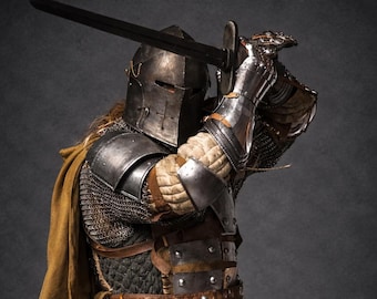 Conjunto de Armadura Medieval de Cavaleiro Barbuta – Capacete de Aço e Cota de Malha para LARP, Reencenação Histórica e Cosplay.