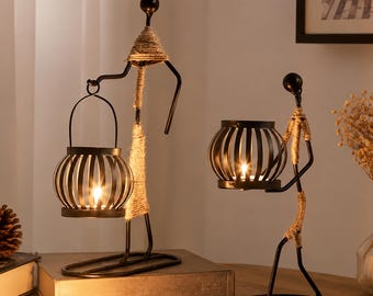 Artisan Crafted Metal Candle Display, Rustic Rope-Wrapped Figure with Cage Light Accent