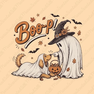 May include: A graphic illustration on a light orange background featuring the text BOO-P! above a ghost wearing a witch hat and a dog wearing a ghost sheet. The ghost points at the dog, who sits beside a jack-o'-lantern bucket filled with candy.