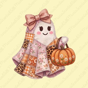 Coquette Patchwork Ghost PNG, rosa rosett blommig Halloween sublimeringsdesign, Daisy pumpa hink Clipart, söt höstskjorta digital nedladdning