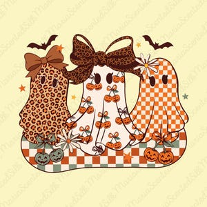 May include: A graphic illustration featuring three ghosts on a checkered base. The left ghost has a leopard print pattern and a brown bow. The center ghost has a cherry pattern and a leopard print bow. The right ghost has an orange checkerboard pattern.