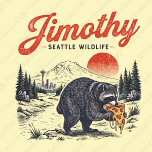 Jimothy Seattle Wildlife PNG, zabawny szop pracz jedzący pizzę, cyfrowy plik do pobrania z koszulką vintage z motywem lasu górskiego w stanie Waszyngton