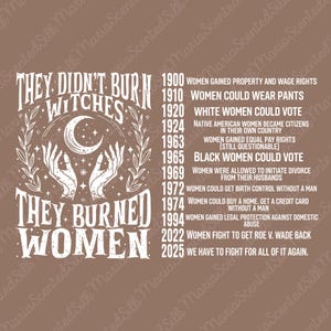May include: A brown graphic print featuring the text "THEY DIDN'T BURN WITCHES THEY BURNED WOMEN" above an illustration of two hands holding a crescent moon. To the right, a timeline lists historical milestones for women from 1900 to 2025.