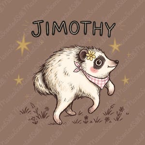 Może przedstawiać: Ilustracja z kresk&oacute;wki przedstawiająca jeża o imieniu JIMOTHY na brązowym tle. Jeż ma białe futro, r&oacute;żową bandanę w kratkę i mały ż&oacute;łty kwiatek na głowie. Jest otoczony ż&oacute;łtymi gwiazdami i małymi, narysowanymi liniami kwiatami.