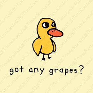 Op de afbeelding: Een gele cartoon-eend met een feloranje snavel en zwarte ogen, gecentreerd op een lichtgele achtergrond. Onder de eend staat de zwarte tekst: "got any grapes?" Het ontwerp heeft dikke zwarte omlijningen en een eenvoudige, platte grafische stijl.