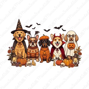 Może przedstawiać: Cyfrowa ilustracja przedstawiająca pięć psów w kostiumach na Halloween: golden retriever jako czarownik, buldog francuski ze skrzydłami nietoperza, jamnik w swetrze w dynie, corgi jako diabeł i pudel jako duch, w otoczeniu dyń oraz lampionów.