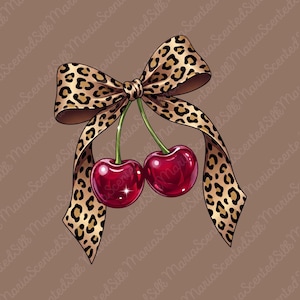 May include: A graphic illustration of two glossy, deep red cherries with green stems tied together by a large, decorative bow featuring a tan and black leopard print pattern. The cherries have visible white highlights indicating a shiny surface.