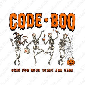 Puede incluir: Un diseño gráfico con el texto naranja CODE-BOO sobre cuatro esqueletos vestidos como personal médico. Los esqueletos sostienen un estetoscopio, un botiquín, una poción y una jeringa. Abajo, el texto dice HERE FOR YOUR SCARE AND CARE.