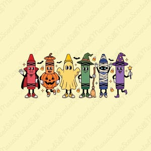May include: A graphic illustration featuring six anthropomorphic crayons dressed in Halloween costumes: a red vampire, an orange pumpkin, a yellow ghost, a green witch with a broom, a blue mummy, and a purple wizard holding a star wand.