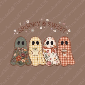 May include: A graphic design featuring four ghosts arranged in a row against a brown background. The text SPOOKY & SWEET is arched above the ghosts, which are decorated with floral patterns, a pumpkin, a bow, and a coffee cup in autumn colors.