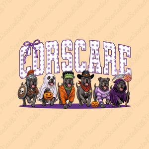 May include: A graphic design featuring the text CORSCARE in purple polka-dot letters above six dogs in Halloween costumes: a gladiator, a ghost with a pumpkin, a Frankenstein monster, a cowboy, a prisoner, and a grim reaper holding a lollipop.