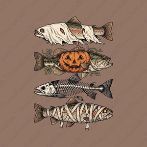 Puede incluir: Una ilustración gráfica con cuatro peces apilados verticalmente. El pez superior está envuelto en tela blanca como una momia. El segundo tiene un cuerpo de calabaza naranja con enredaderas verdes. El tercero es un esqueleto de pez. El pez inferior está envuelto en vendas.