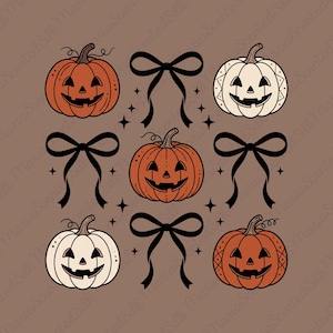May include: A graphic design featuring five jack-o'-lantern pumpkins and four black bows arranged in a grid pattern. The pumpkins alternate between orange and cream colors, each with a carved face, and are accented by small black star symbols.