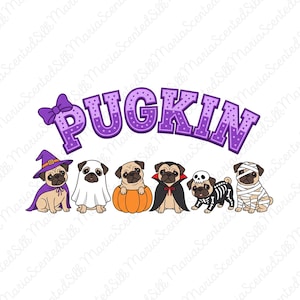 Puede incluir: Una ilustración gráfica con el texto morado PUGKIN y un lazo en la letra P. Debajo hay seis carlinos con disfraces de Halloween: bruja, fantasma, calabaza, vampiro, esqueleto y momia, todo sobre un fondo de color blanco.