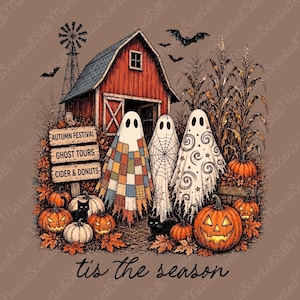 Halloween-Design im Retro-Stil (PNG), niedliches Retro-Sublimationsdesign, Vintage-Patchwork-Geister-Clipart, rustikales Kürbis-Bauernhaus-Design mit roter Scheune zum Download