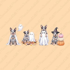 May include: A digital illustration featuring four blue heeler dogs in Halloween costumes. One wears a white ghost cape, another sits by candy, one is draped in a ghost sheet, and the last wears a witch hat next to a stack of three pumpkins.