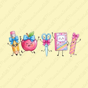 May include: A digital illustration of five anthropomorphic school supplies on a pale yellow background: a yellow pencil, a red apple, blue scissors, a pink notebook with rainbow patterns, and a pink striped ruler, each wearing a blue or pink bow.