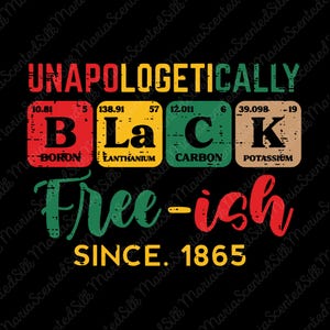 May include: A graphic design on a black background featuring the text UNAPOLOGETICALLY BLACK in red, yellow, and green. Below, four periodic table-style squares spell BLACK using Boron, Lanthanum, Carbon, and Potassium. Text reads Free-ish SINCE 1865.